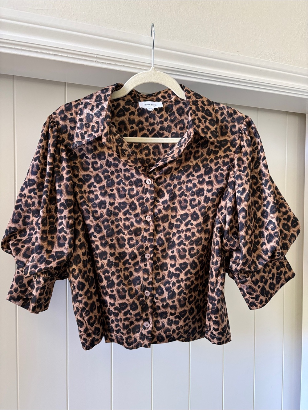 Annie Wear Brand Leopard Print Satin Puff-Sleeve Button Front Top - Brown/Black